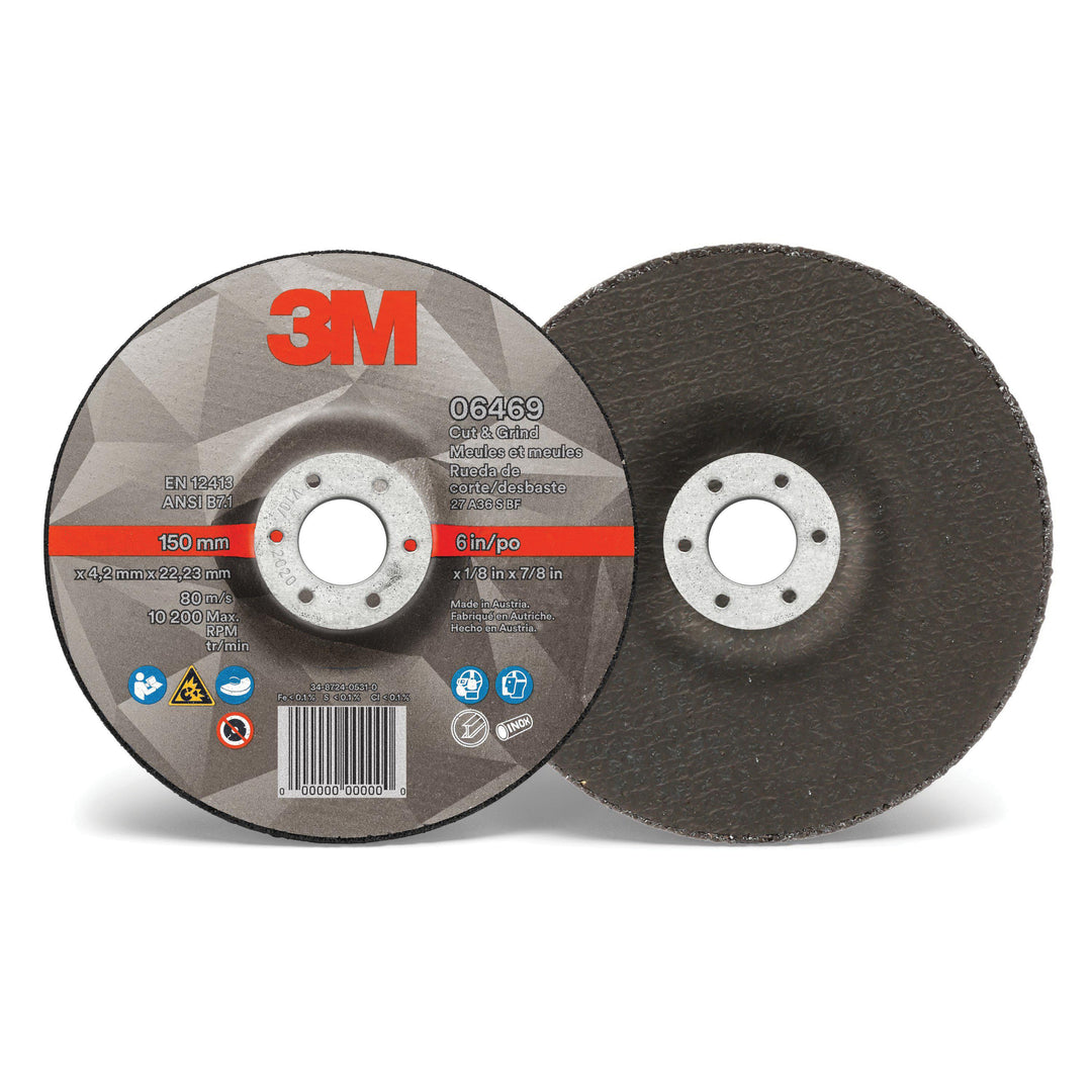 3M AB06469 3M Cut & Grind Wheel 06469 T27 6 in x 1/8 in x 7/8 in (152.4 mm x 3.2 mm x 22.2 mm) 10/Inner 20/Case 3M 7100219761
