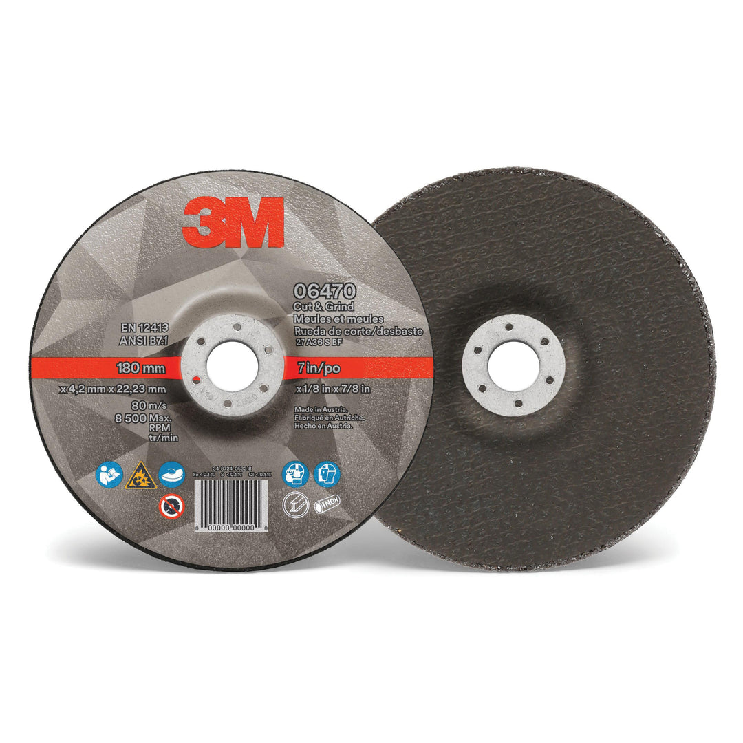 3M AB06470 3M Cut & Grind Wheel 06470 T27 7 in x 1/8 in x 7/8 in (177.8 mm x 3.2 mm x 22.2 mm) 10/Inner 20/Case 3M 7100219187