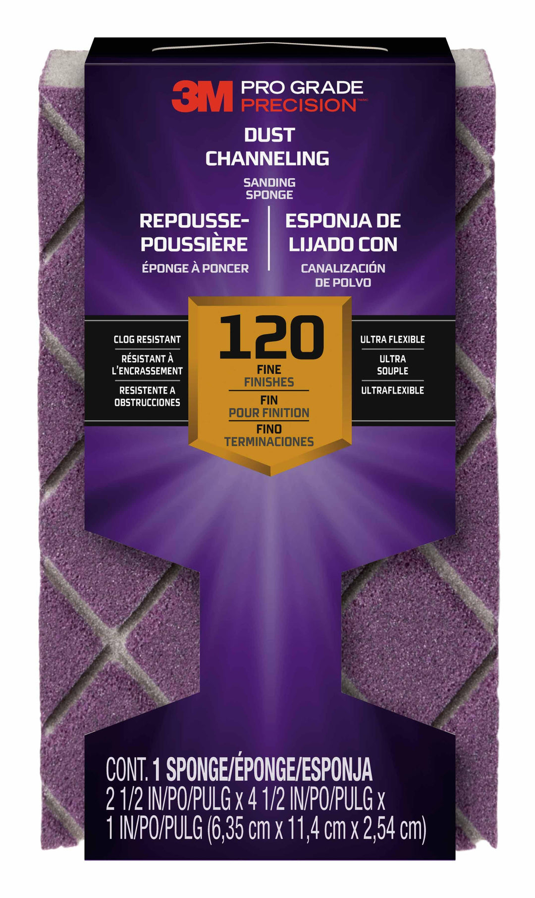 3M 2502PGT-120-UF 3M Pro Grade Precision Dust Channeling Sanding Sponge 2502TRI-120-CH Fine 120 Grit 4 1/2 in x 2 1/2 in x 1 in 1/Pack 12/Case 3M 7010412362