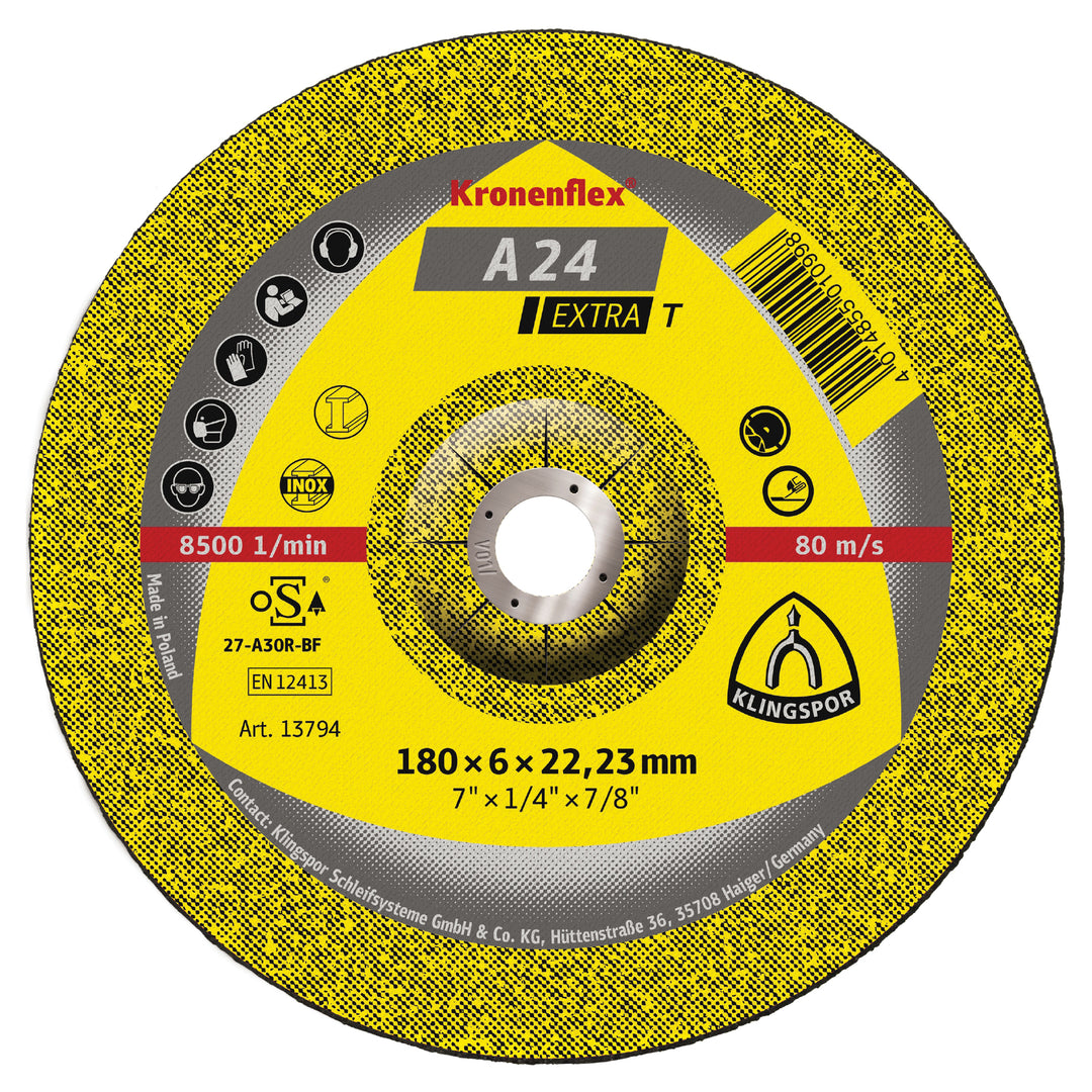 Depressed Centre Grinding Disc Klingspor 13794 Depressed Centre Grinding Discs 7 Inch x 1/4 Inch x 7/8 Inch - A24 Extra T