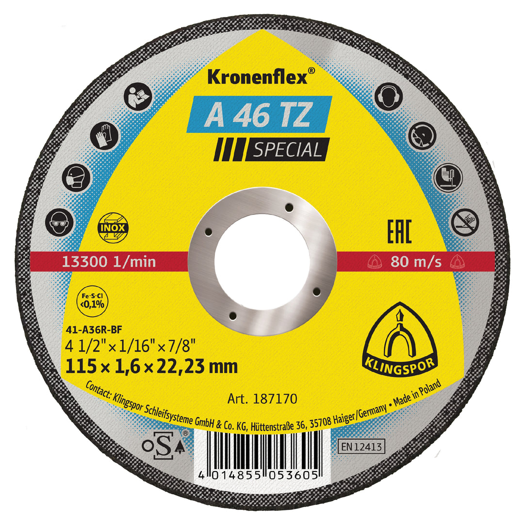 Type 01 Straight Wheels Klingspor 187170 Cut-Off Wheels Inox 4-1/2 Inch x 1/16 Inch x 7/8 Inch - A46TZ