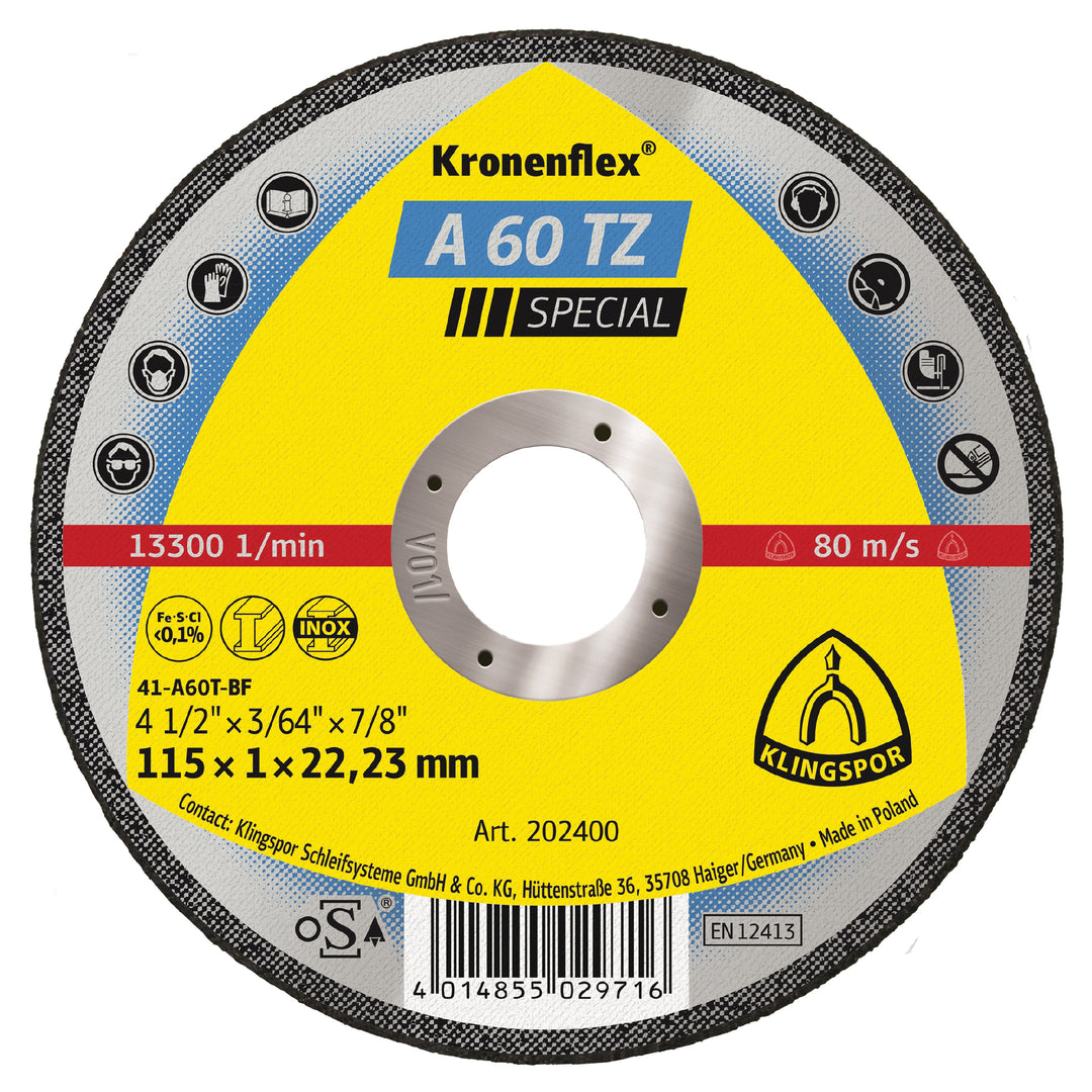 Type 01 Straight Wheels Klingspor 202400 Cut-Off Wheels 4-1/2 Inch x .040 Inch x 7/8 Inch - A60TZ