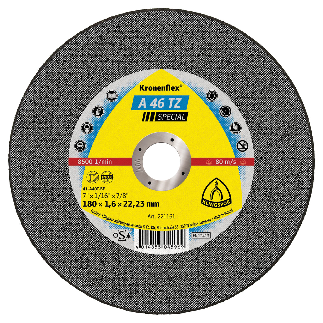 Type 01 Straight Wheels Klingspor 221161 Cut-Off Wheels Inox 7 Inch x 1/16 Inch x 7/8 Inch - A46TZ