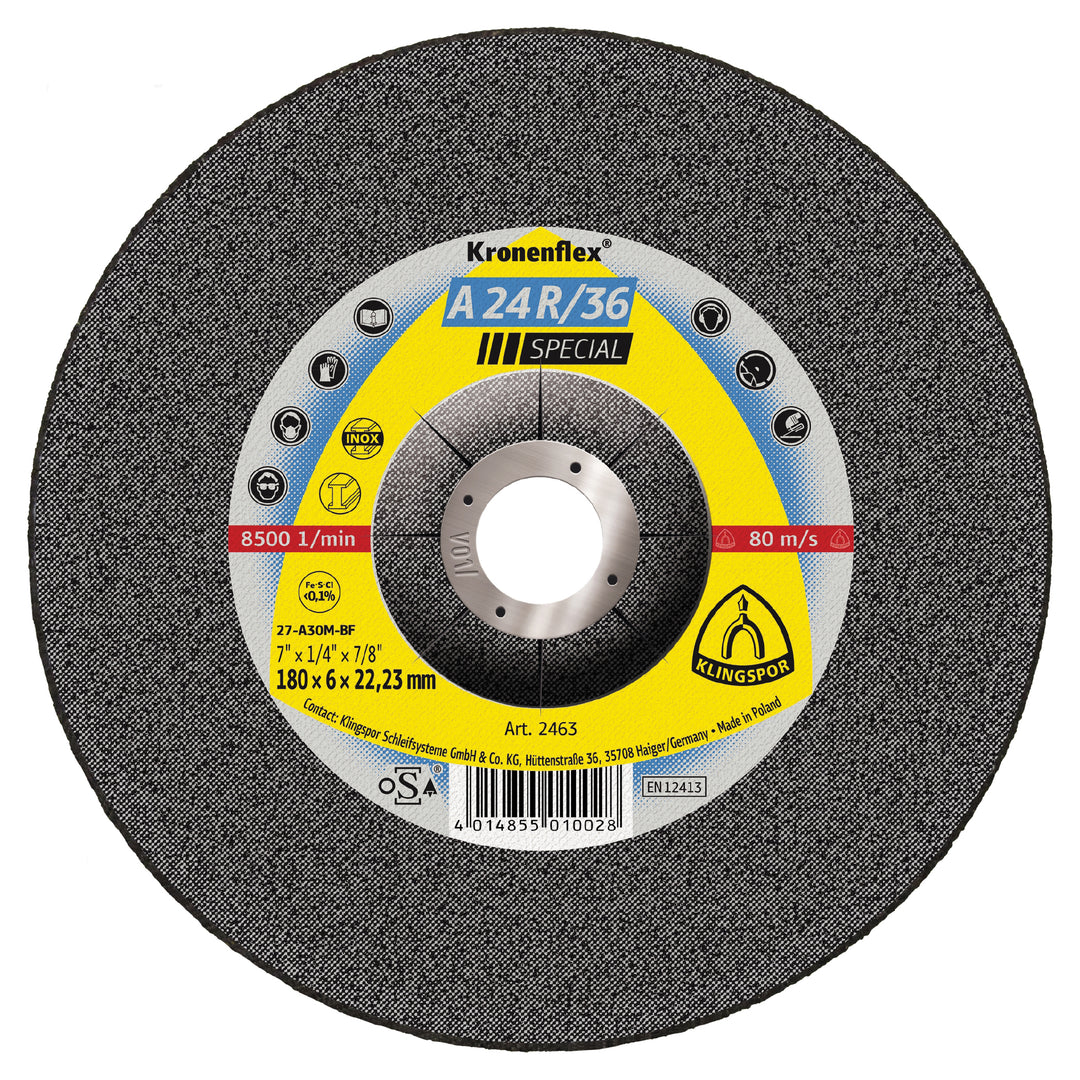 Depressed Centre Grinding Disc Klingspor 2463 Depressed Centre Grinding Discs 7 Inch x 1/4 Inch x 7/8 Inch - A24R/A36R