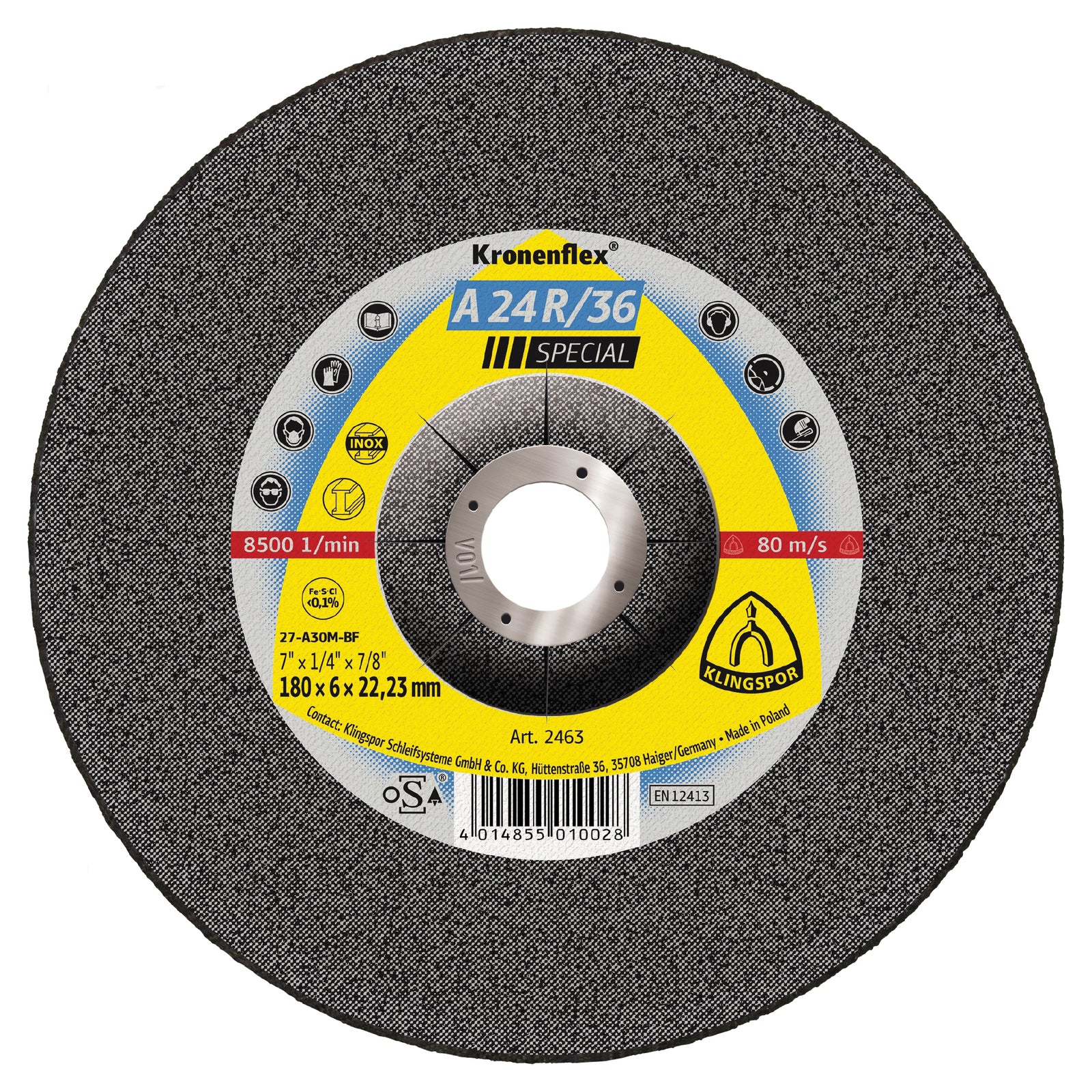 Depressed Centre Grinding Disc Klingspor 2488 Depressed Centre Grinding Discs 4-1/2 Inch x 1/4 Inch x 7/8 Inch - A24R/A36R