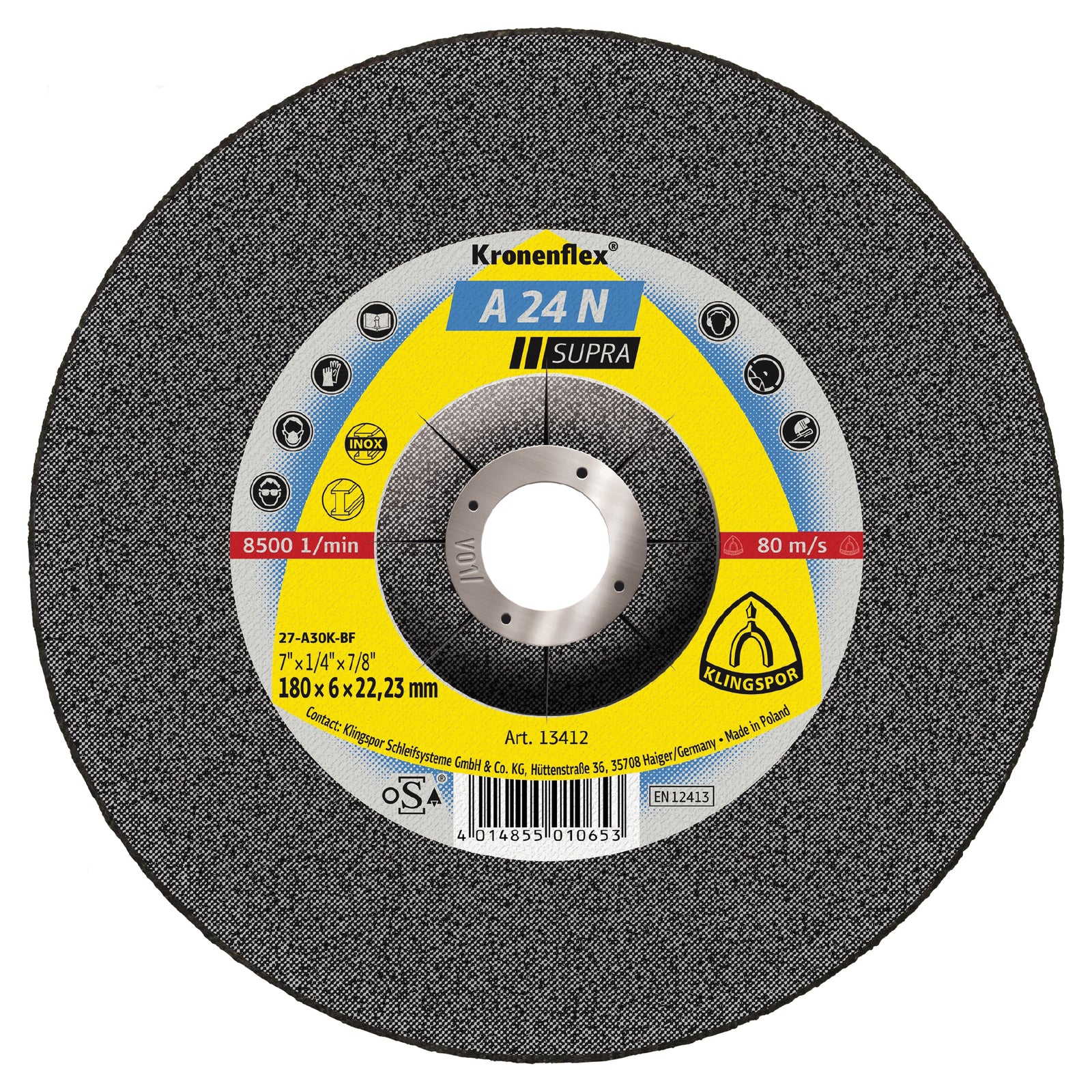 Depressed Centre Grinding Disc Klingspor 2923 Depressed Centre Grinding Discs Inox 4-1/2 Inch x 1/4 Inch x 7/8 Inch - A24N