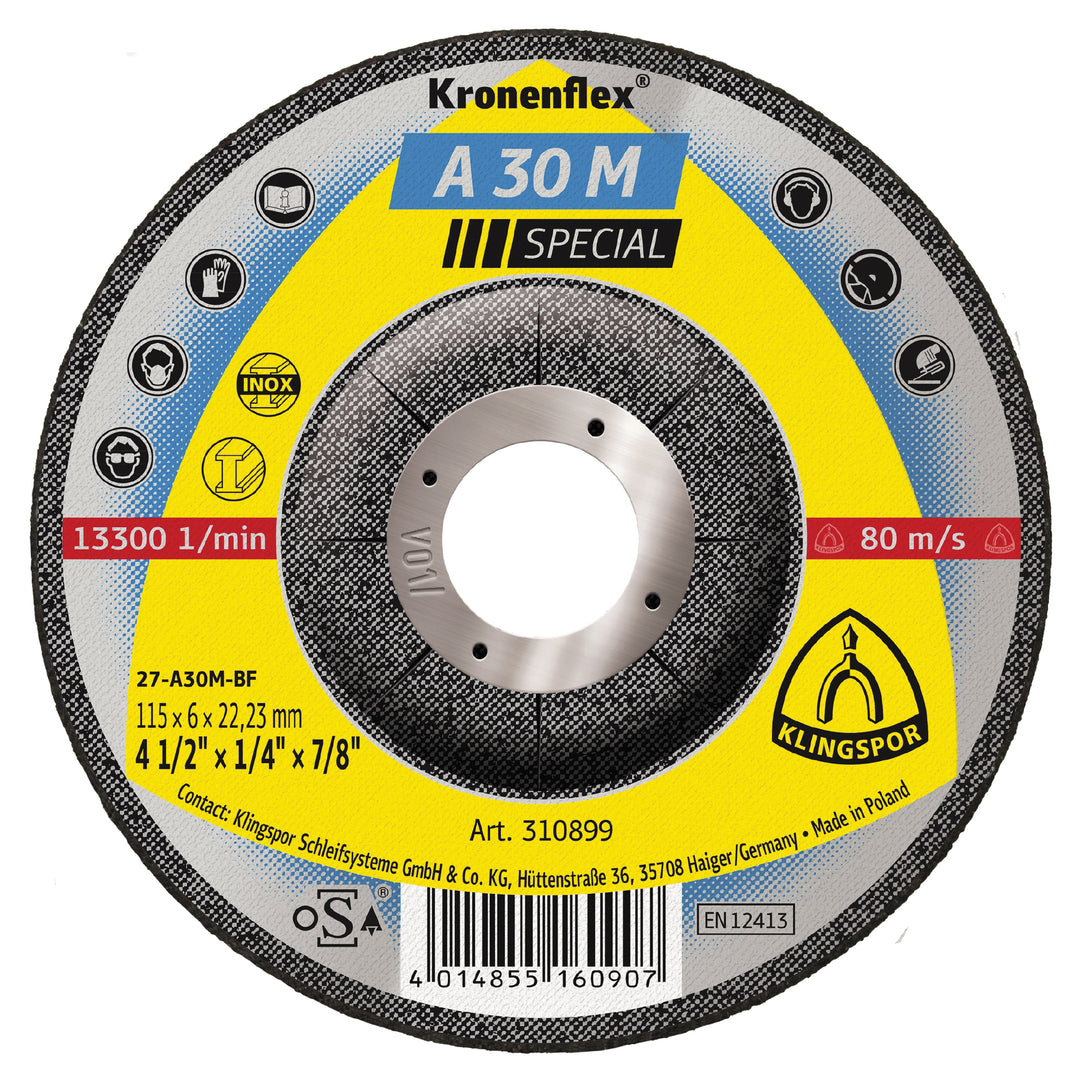 Klingspor 310902 DEPRESSED CENTRE GRINDING DISCS 7X1/4X7/8 A30M KLINGSPOR 310902