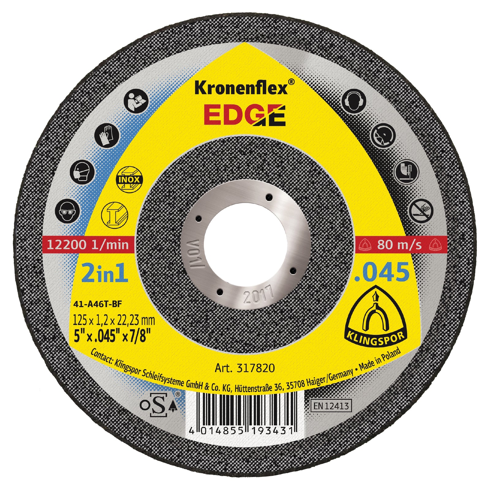 Type 01 Straight Wheels Klingspor 317820 Cut-Off Wheels 5 Inch x .045 Inch x 7/8 Edge