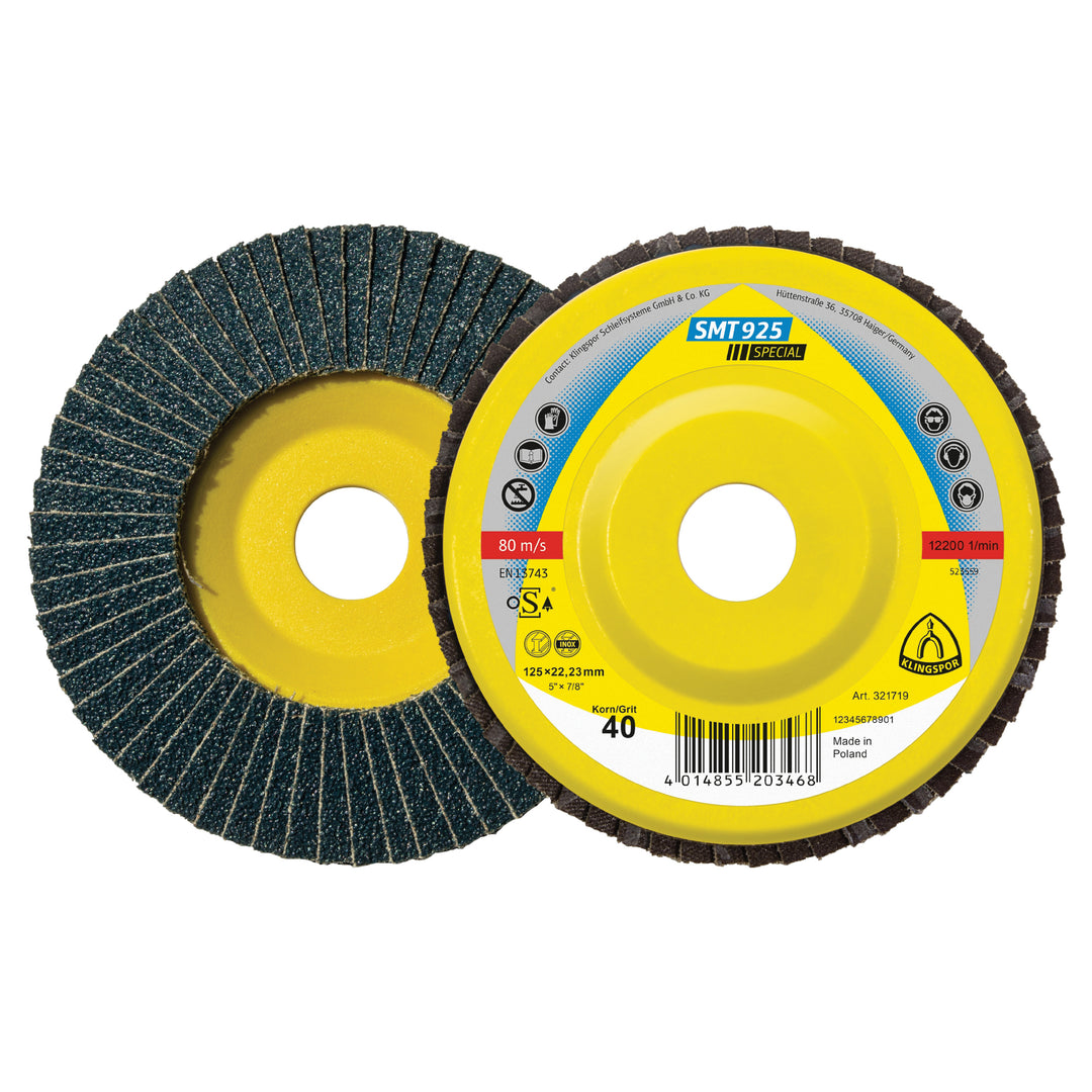 Depressed Centre Klingspor 321675 Flap Disc 5 Inch X 7/8 Inch Type 27 60 Grit SMT925 Zirconia Alumina