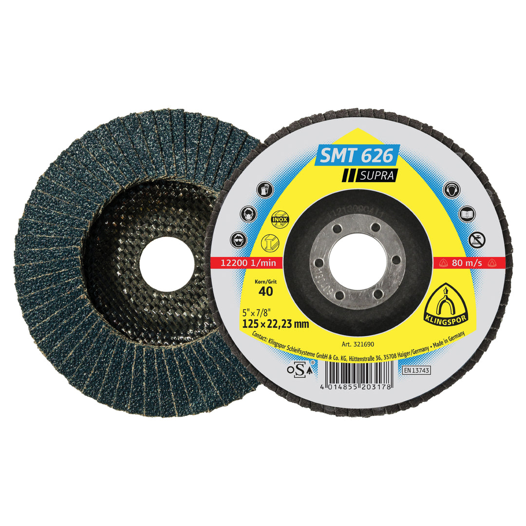 Convex 6 Degree Klingspor 321689 Flap Disc 4-1/2 Inch X 7/8 Inch Convex 6 Degree 40 Grit SMT626 Zirconia Alumina
