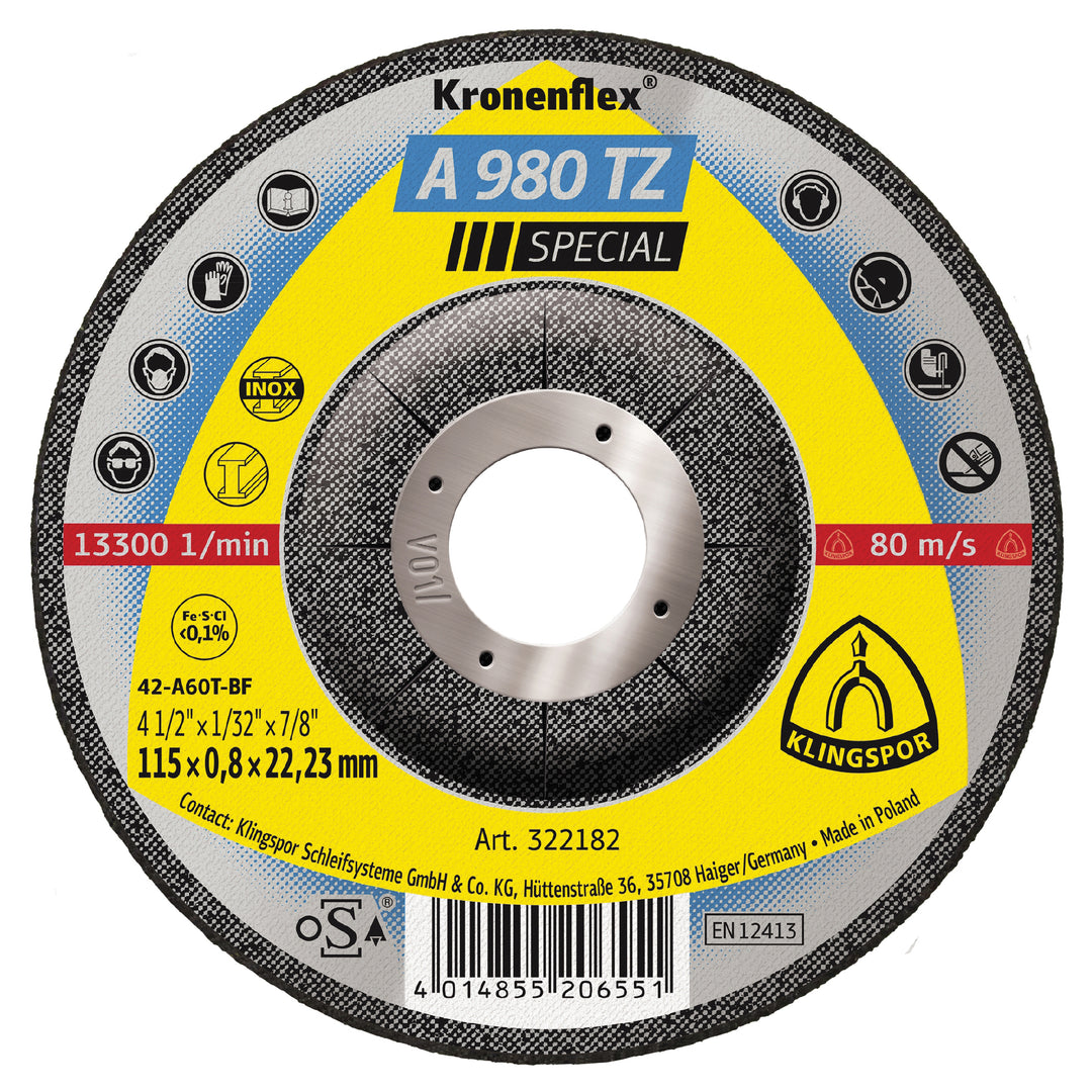 Depressed Centre Klingspor 322182 Depressed Centre Cut-Off Wheels Inox 4-1/2 Inch x 1/32 Inch x 7/8 Inch - A980TZ