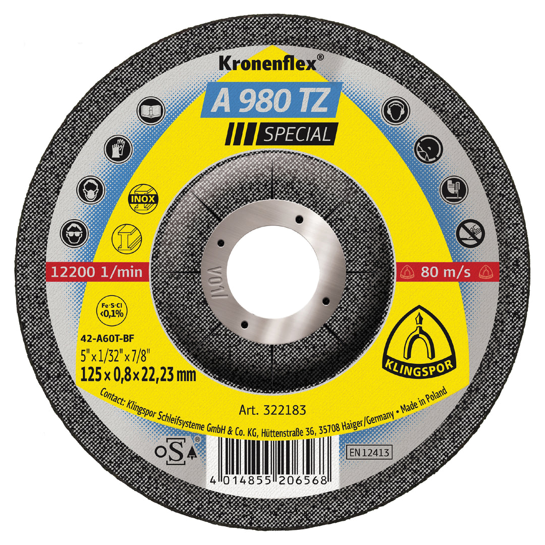 Depressed Centre Klingspor 322183 Depressed Centre Cut-Off Wheels Inox 5 Inch x 1/32 Inch x 7/8 Inch - A980TZ