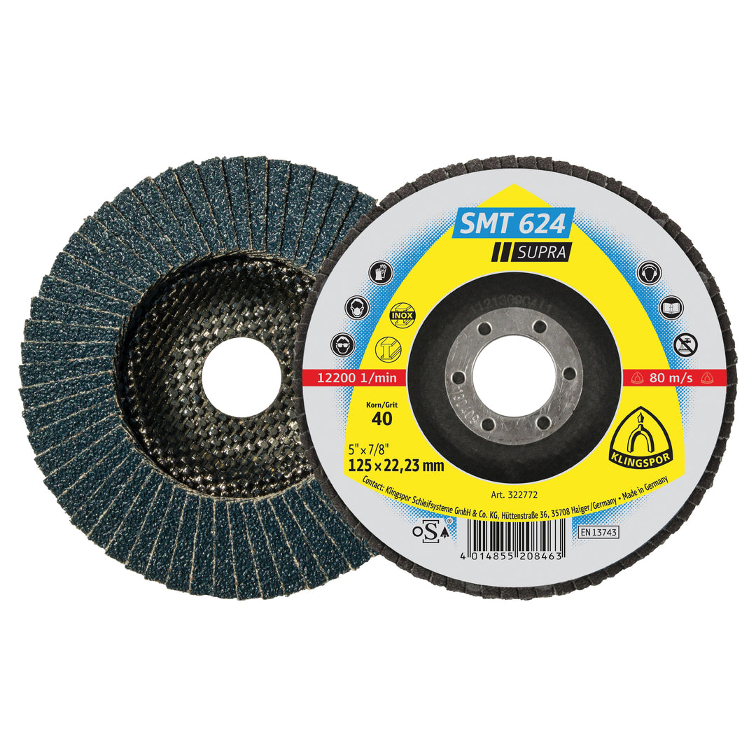 Convex 12 Degree Klingspor 322774 Flap Disc 5 Inch X 7/8 Inch Convex 12 Degree 60 Grit SMT624 Zirconia Alumina