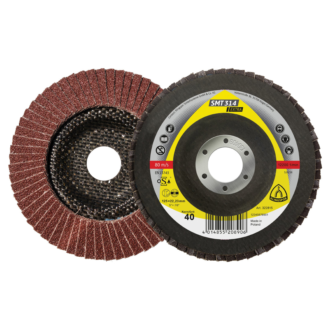 Convex 12 Degree Klingspor 322809 Flap Disc 4-1/2 Inch X 7/8 Inch Convex 12 Degree 40 Grit SMT314 Aluminum Oxide