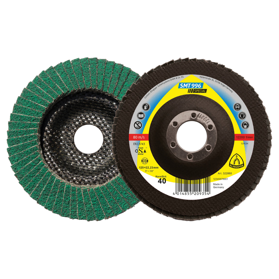 Convex 6 Degree Klingspor 322852 Flap Disc 5 Inch X 7/8 Inch Convex 6 Degree 40 Grit SMT 996 Ceramic Alumina