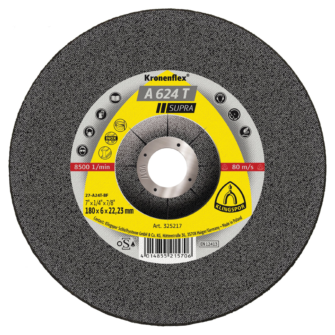 Depressed Centre Grinding Disc Klingspor 325217 Depressed Centre Grinding Discs 7 Inch x 1/4 Inch x 7/8 Inch - A624