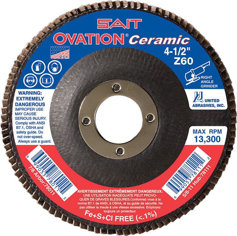 Depressed Centre Sait 78270 5 Inch X 7/8 Inch Type 27 80 Grit Ovation Ceramic Ceramic Alumina Flap Disc