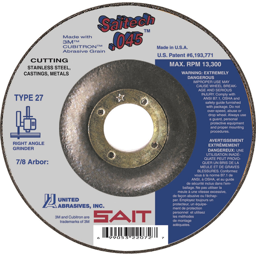 Type 27 Sait 22082 Type 27 Cut-Off Wheel 6 Inch x 0.045 Inch x 7/8 Inch