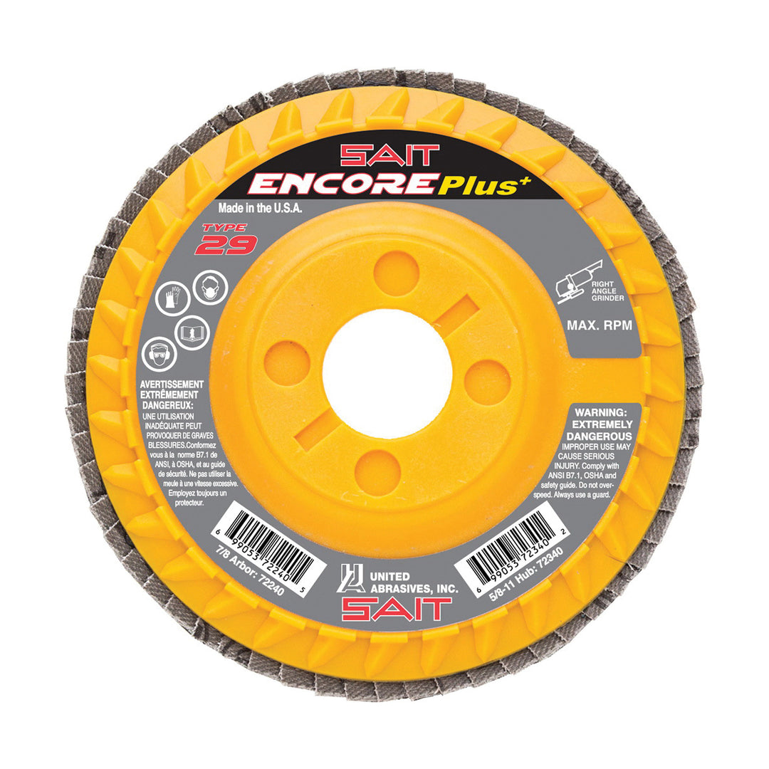 Type 29 Sait 72241 4-1/2 Inch x 7/8 Inch Type 29 80 grit Encore Plus+ Zirconia alumina flap disc